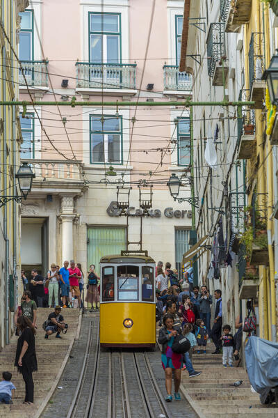 The Ascensor da Bica funicular railway in the Bairro Alto quarter in Lisbon, Portugal