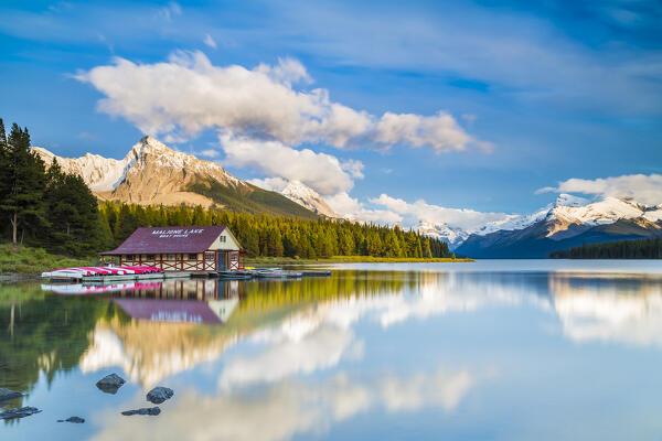 Maligne Lake and historic boathouse in Jasper National Park, Alberta, Canada