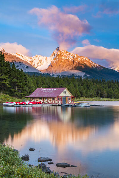 Maligne Lake and historic boathouse in Jasper National Park, Alberta, Canada