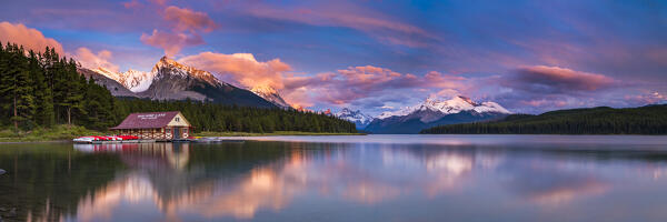 Maligne Lake and historic boathouse in Jasper National Park, Alberta, Canada