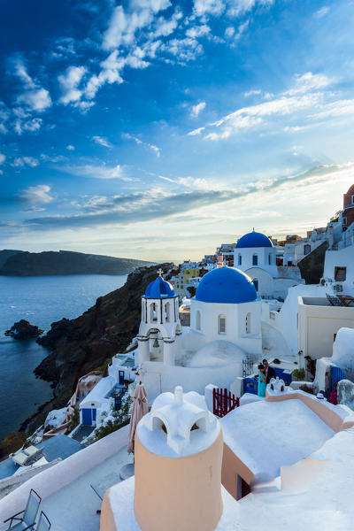 Winding stairways overlooking the Santorini caldera in Oia, Santorini, Greece, Europe