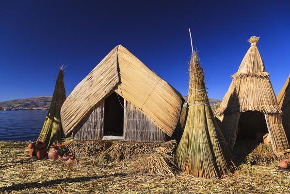 Uros floating islands on Lake Titicaca shore, Puno, Peru