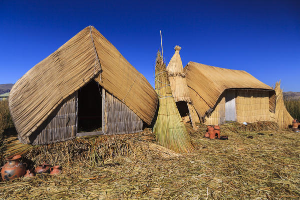 Uros floating islands on Lake Titicaca shore, Puno, Peru