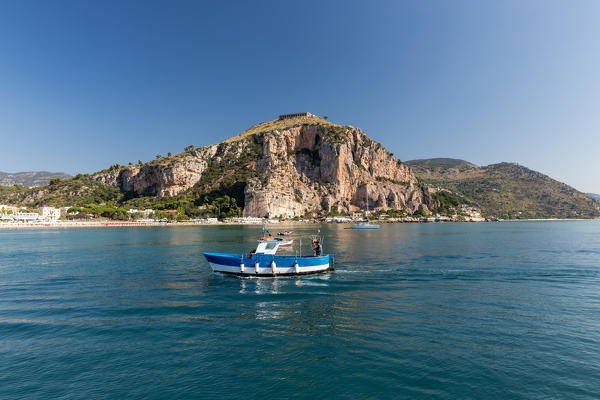 Boat in front of the temple of Jupiter Anxur
Europe, Italy, Lazio, Province of Latina, Terracina