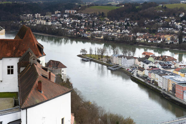 confluence of the rivers Danube and Inn in Passau. Europe, Germany, Passau, Bavaria district