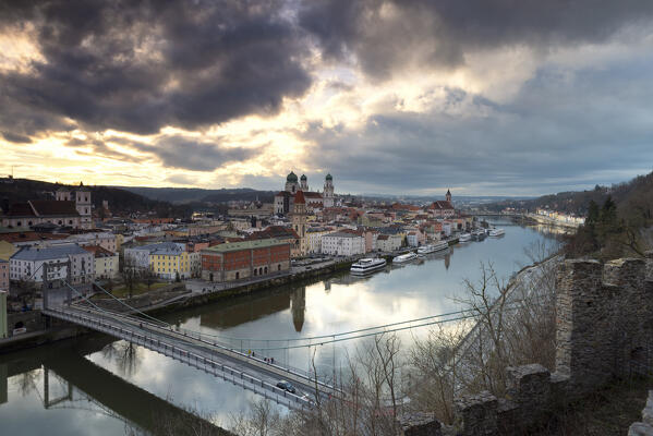 Passau at night from Danube river. Europe, Germany, Passau, Bavaria district