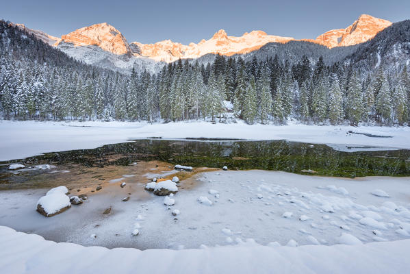 Tovel lake and natural park Adamello Brenta at sunrise
Europe, Italy, Trentino Alto Adige region, Trento district, Non valley, Tovel valley, Tuenno city