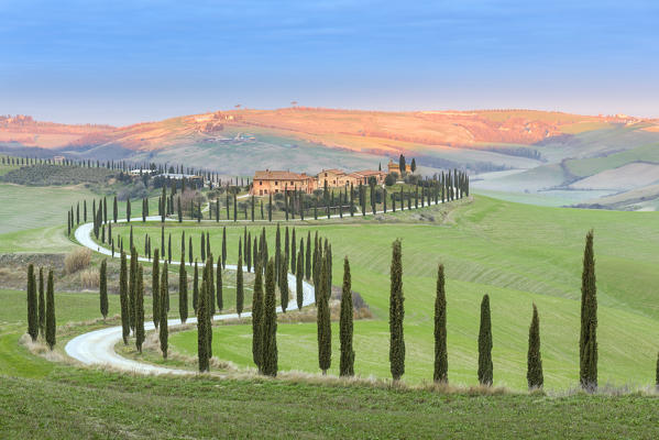 Farmhous Baccoleno at sunrise
Europe, Italy, Tuscany, Orcia valley, Asciano