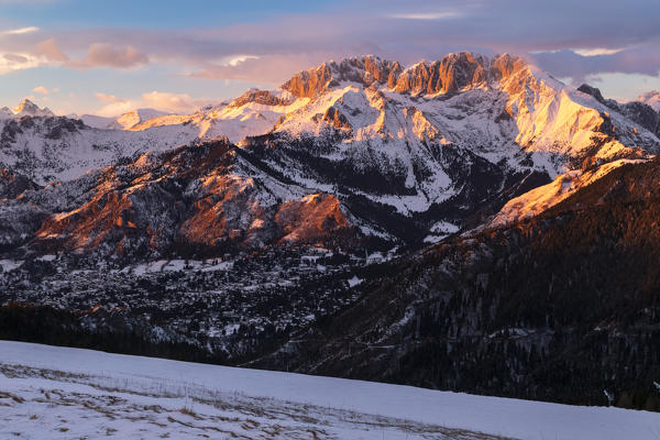 View of the Presolana during a winter sunset from Monte Pora, Val Seriana, Bergamo district, Lombardy, Italy.