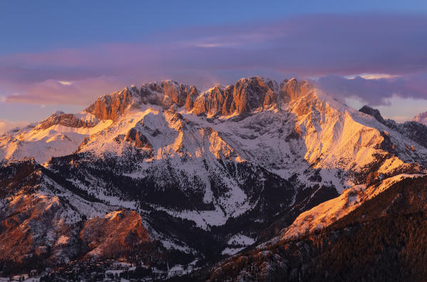 View of the Presolana during a winter sunset from Monte Pora, Val Seriana, Bergamo district, Lombardy, Italy.