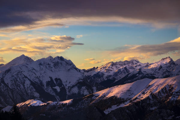 View of the Pizzo Arera and the orobie prealps during a winter sunset from Monte Pora, Val Seriana, Bergamo district, Lombardy, Italy.