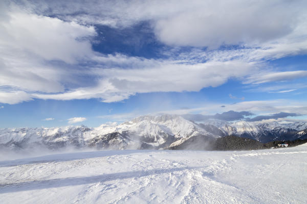 View of the Presolana during a windy winter day from Monte Pora, Val Seriana, Bergamo district, Lombardy, Italy.