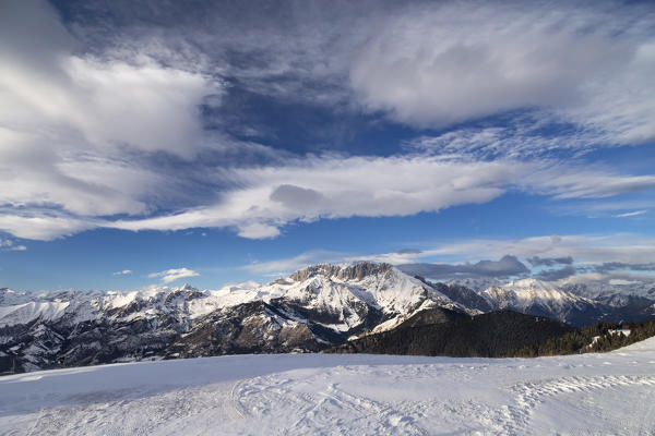 View of the Presolana during a winter day from Monte Pora, Val Seriana, Bergamo district, Lombardy, Italy.