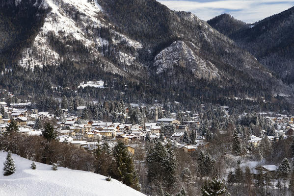 View of Castione della Presolana after a snowfall in winter, Val Seriana, Bergamo district, Lombardy, Italy.
