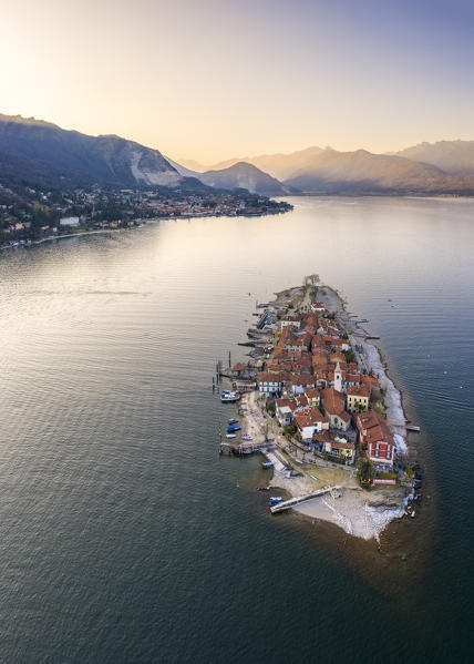 Aerial view of Isola dei Pescatori during a winter sunset. Lago Maggiore, Piedmont, Italy.