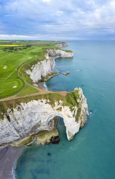 Aerial view of the cliffs of Etretat, Octeville sur Mer, Le Havre, Seine Maritime, Normandy, France, Western Europe.