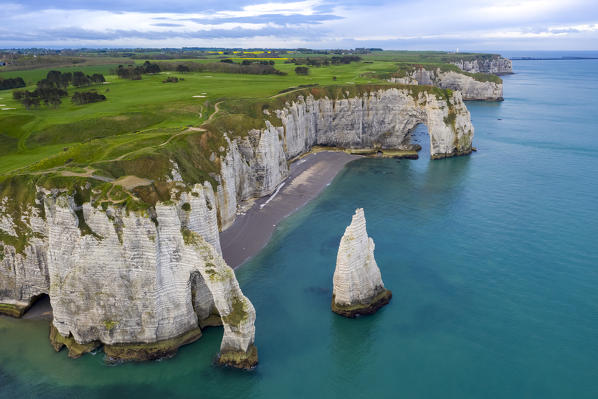 Aerial view of the cliffs of Etretat, Octeville sur Mer, Le Havre, Seine Maritime, Normandy, France, Western Europe.