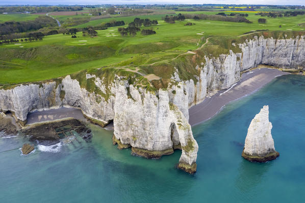 Aerial view of the cliffs of Etretat, Octeville sur Mer, Le Havre, Seine Maritime, Normandy, France, Western Europe.