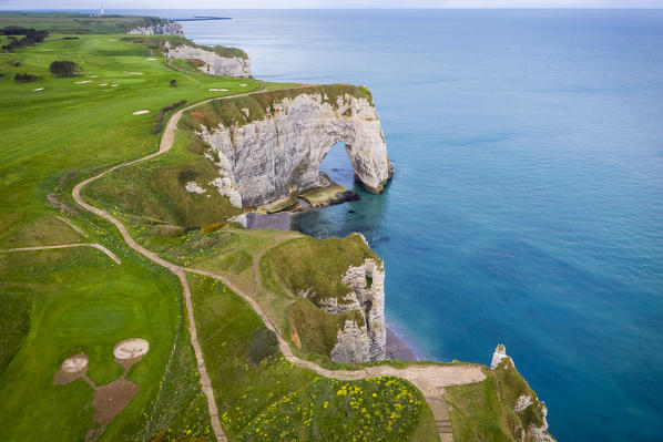 Aerial view of the cliffs of Etretat, Octeville sur Mer, Le Havre, Seine Maritime, Normandy, France, Western Europe.