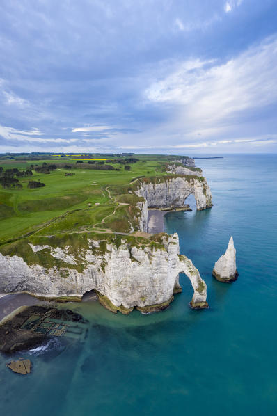 Aerial view of the cliffs of Etretat, Octeville sur Mer, Le Havre, Seine Maritime, Normandy, France, Western Europe.
