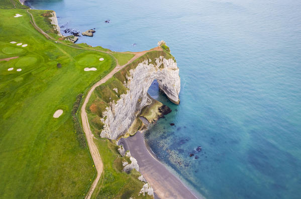 Aerial view of the cliffs of Etretat, Octeville sur Mer, Le Havre, Seine Maritime, Normandy, France, Western Europe.