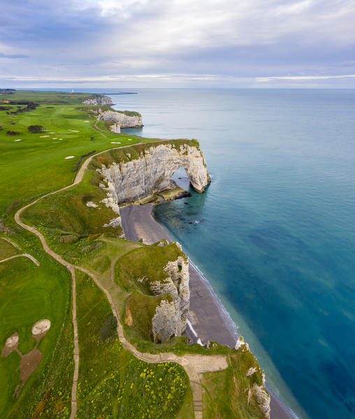 Aerial view of the cliffs of Etretat, Octeville sur Mer, Le Havre, Seine Maritime, Normandy, France, Western Europe.