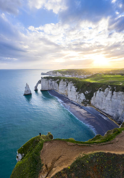 Sunrise over the cliff of Etretat, Octeville sur Mer, Le Havre, Seine Maritime, Normandy, France, Western Europe.
