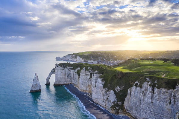 Sunrise over the cliff of Etretat, Octeville sur Mer, Le Havre, Seine Maritime, Normandy, France, Western Europe.