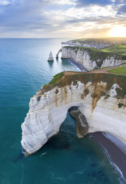 Sunrise over the cliff of Etretat, Octeville sur Mer, Le Havre, Seine Maritime, Normandy, France, Western Europe.
