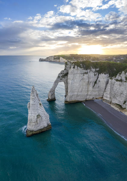 Sunrise over the cliff of Etretat, Octeville sur Mer, Le Havre, Seine Maritime, Normandy, France, Western Europe.