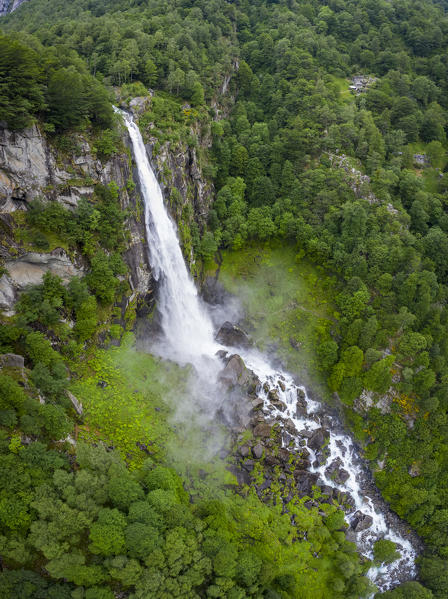 Aerial view of the Foroglio waterfall, Cevio, Val Bavona, Valle Maggia, Canton Ticino, Switzerland. 