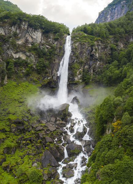 Aerial view of the Foroglio waterfall, Cevio, Val Bavona, Valle Maggia, Canton Ticino, Switzerland. 