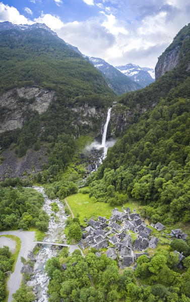 Aerial view of the Foroglio waterfall, Cevio, Val Bavona, Valle Maggia, Canton Ticino, Switzerland. 