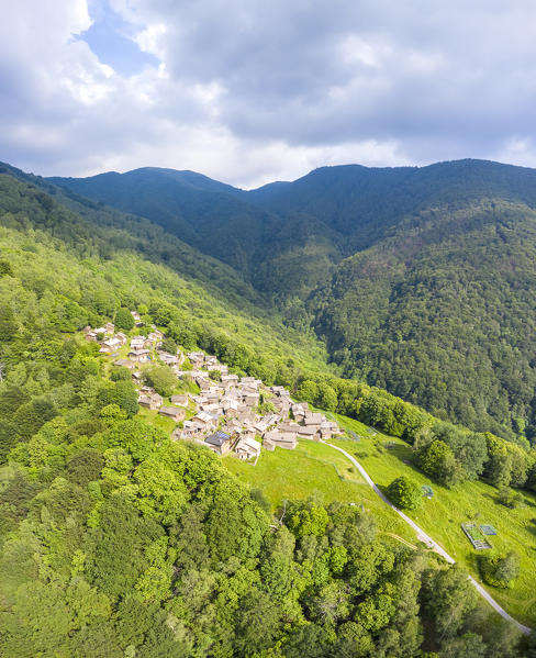 Aerial view of the small village of Sarona, Curiglia con Monteviasco, Veddasca valley, Varese district, Lombardy, Italy.