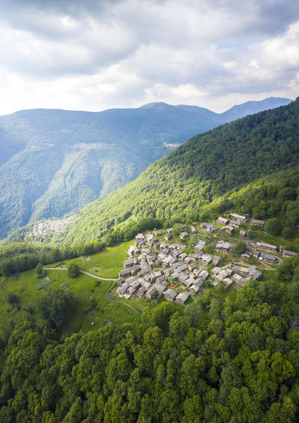 Aerial view of the small village of Sarona, Curiglia con Monteviasco, Veddasca valley, Varese district, Lombardy, Italy.
