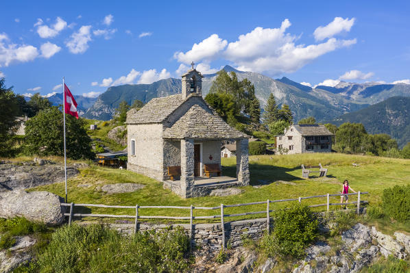 View of the stone church of Monti di Lego. Mergoscia, Valle Verzasca, Canton Ticino, Switzerland.