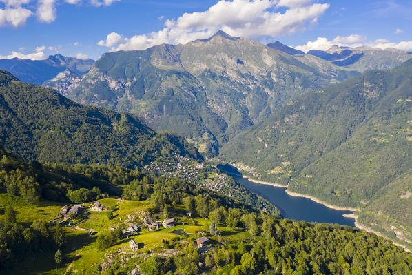View of Valle Verzasca and Lago di Vogorno from Monti di Lego. Mergoscia, Valle Verzasca, Canton Ticino, Switzerland.