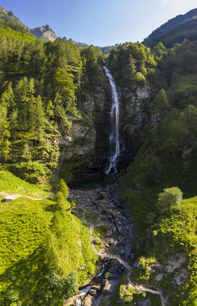 Wooden bridge under the Cascata della Froda, Sonogno, Valle Verzasca, Canton Ticino, Switzerland.