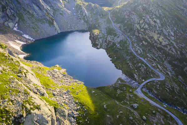 Aerial view of the lakes around Naret, in particular Lago Superiore and Lago del Sassolo in Lavizzara Valley at sunrise, Maggia Valley, Lepontine Alps, Canton Ticino, Switzerland.