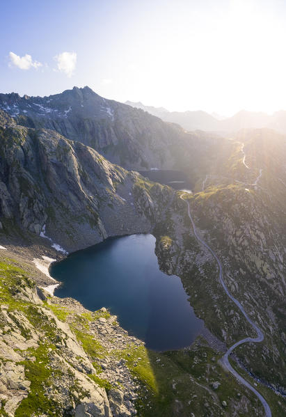 Aerial view of the lakes around Naret, in particular Lago Superiore and Lago del Sassolo in Lavizzara Valley at sunrise, Maggia Valley, Lepontine Alps, Canton Ticino, Switzerland.
