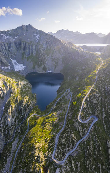 Aerial view of Lago Superiore and Lago del Naret in Lavizzara Valley at sunrise, Maggia Valley, Lepontine Alps, Canton Ticino, Switzerland.
