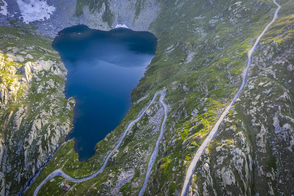 Aerial view of the lakes around Naret, in particular Lago Superiore in Lavizzara Valley at sunrise, Maggia Valley, Lepontine Alps, Canton Ticino, Switzerland.