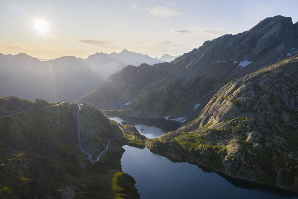 Aerial view of the lakes around Naret, in particular Lago Superiore and Lago del Sassolo in Lavizzara Valley at sunrise, Maggia Valley, Lepontine Alps, Canton Ticino, Switzerland.