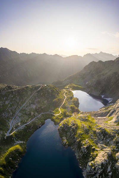 Aerial view of the lakes around Naret, in particular Lago Superiore and Lago del Sassolo in Lavizzara Valley at sunrise, Maggia Valley, Lepontine Alps, Canton Ticino, Switzerland.