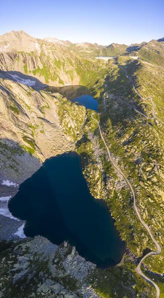 Aerial view of Lago Superiore, Lago del Sassolo and the dams of Lago del Naret in Lavizzara Valley at sunrise, Maggia Valley, Lepontine Alps, Canton Ticino, Switzerland.