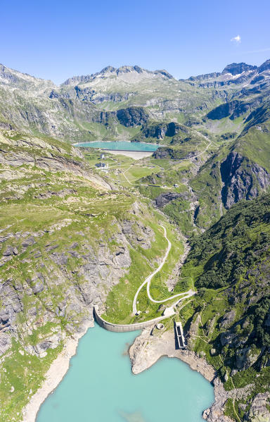 Aerial view of Lago del Zott and Lago di Robiei with their dams, Bavona valley, Maggia Valley, Lepontine Alps, Canton Ticino, Switzerland.