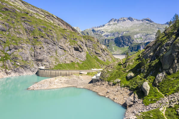 Aerial view of Lago del Zott and Lago di Robiei with their dams, Bavona valley, Maggia Valley, Lepontine Alps, Canton Ticino, Switzerland.