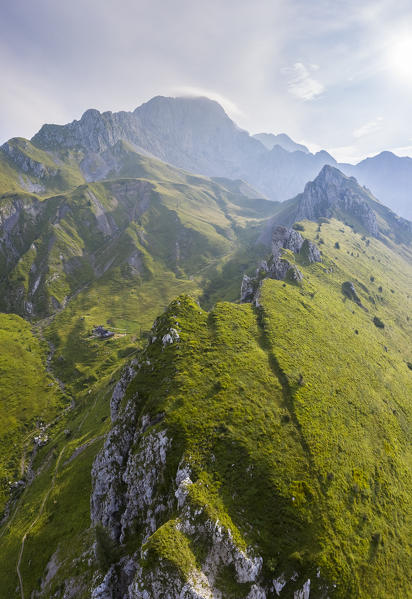 Aerial view of Rino Olmo refuge and Passo Olone with Pizzo della Presolana. Castione della Presolana, Bergamo province, upper Val Seriana, Lombardy, Italy.