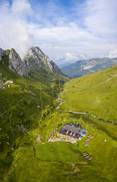 Aerial view of Rino Olmo refuge and Valzurio valley with Cima di Bares. Castione della Presolana, Bergamo province, upper Val Seriana, Lombardy, Italy.