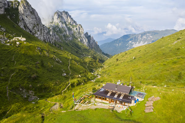 Aerial view of Rino Olmo refuge and Valzurio valley with Cima di Bares. Castione della Presolana, Bergamo province, upper Val Seriana, Lombardy, Italy.